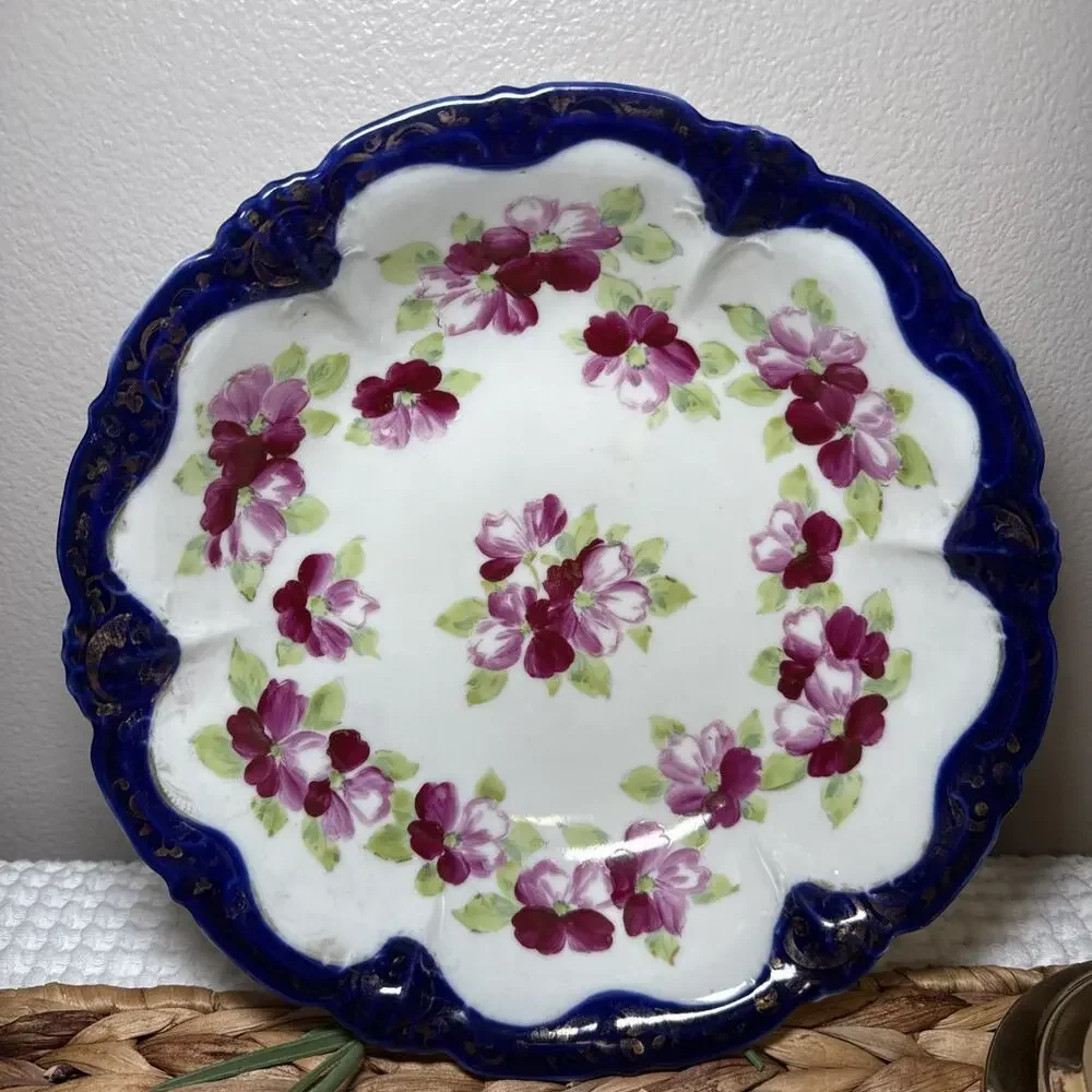 Vintage Japanese Porcelain Floral Serving Bowl Cobalt Blue Rim Scalloped MCM 9”